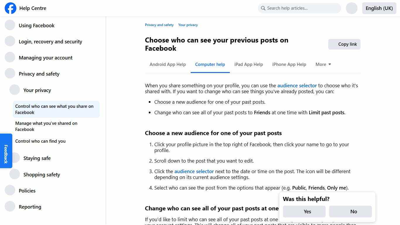 Choose who can see your previous posts on Facebook Facebook Help Centre
