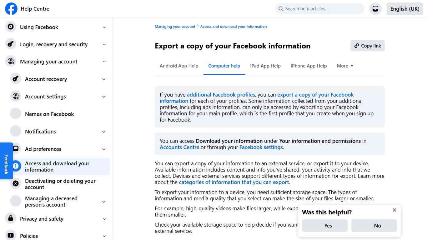 Export a copy of your Facebook information Facebook Help Centre